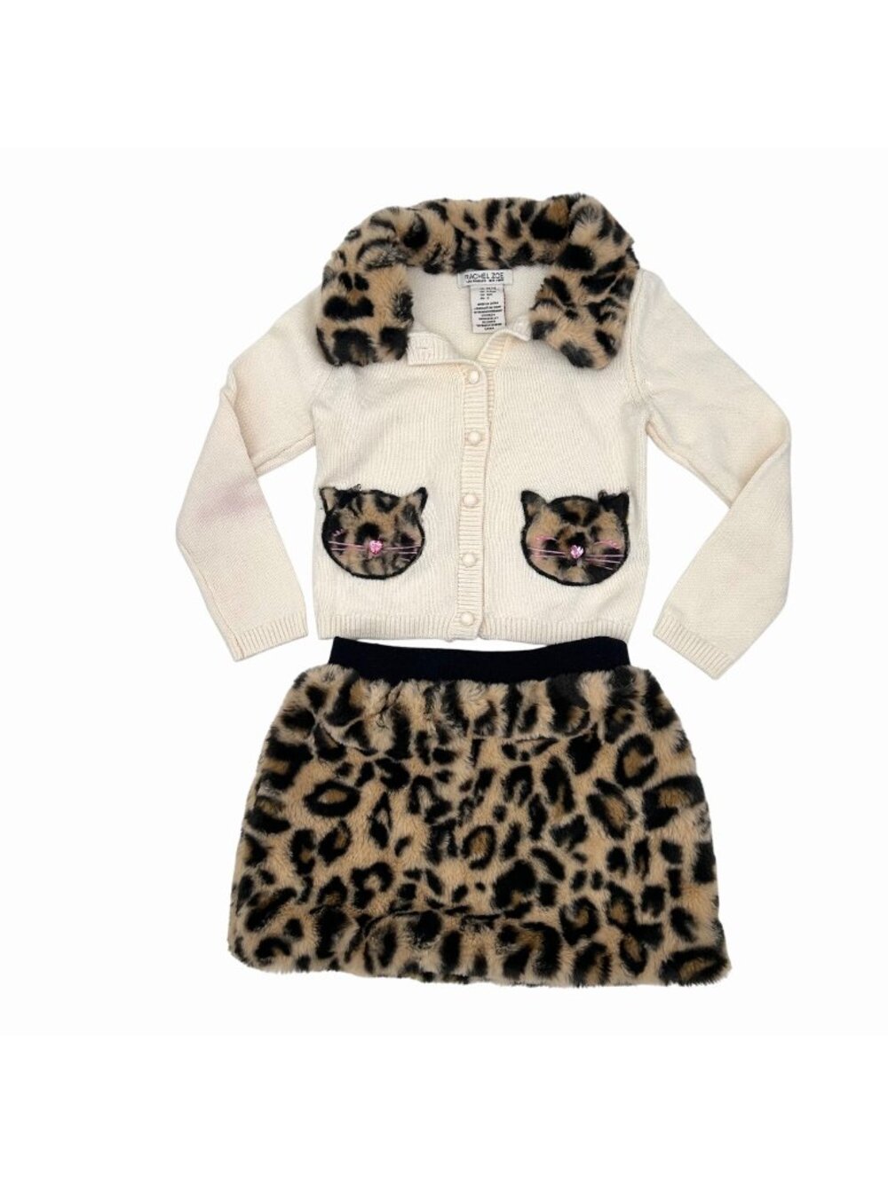 RACHEL ZOE GIRLS XS 4 FURRY LEOPARD KITTY CAT CARDIGAN SWEATER & SKIRT SET